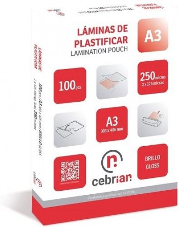 CAJA 100 CARTERAS PARA PLASTIFICAR 125 MICRAS A3 CEBRIAN